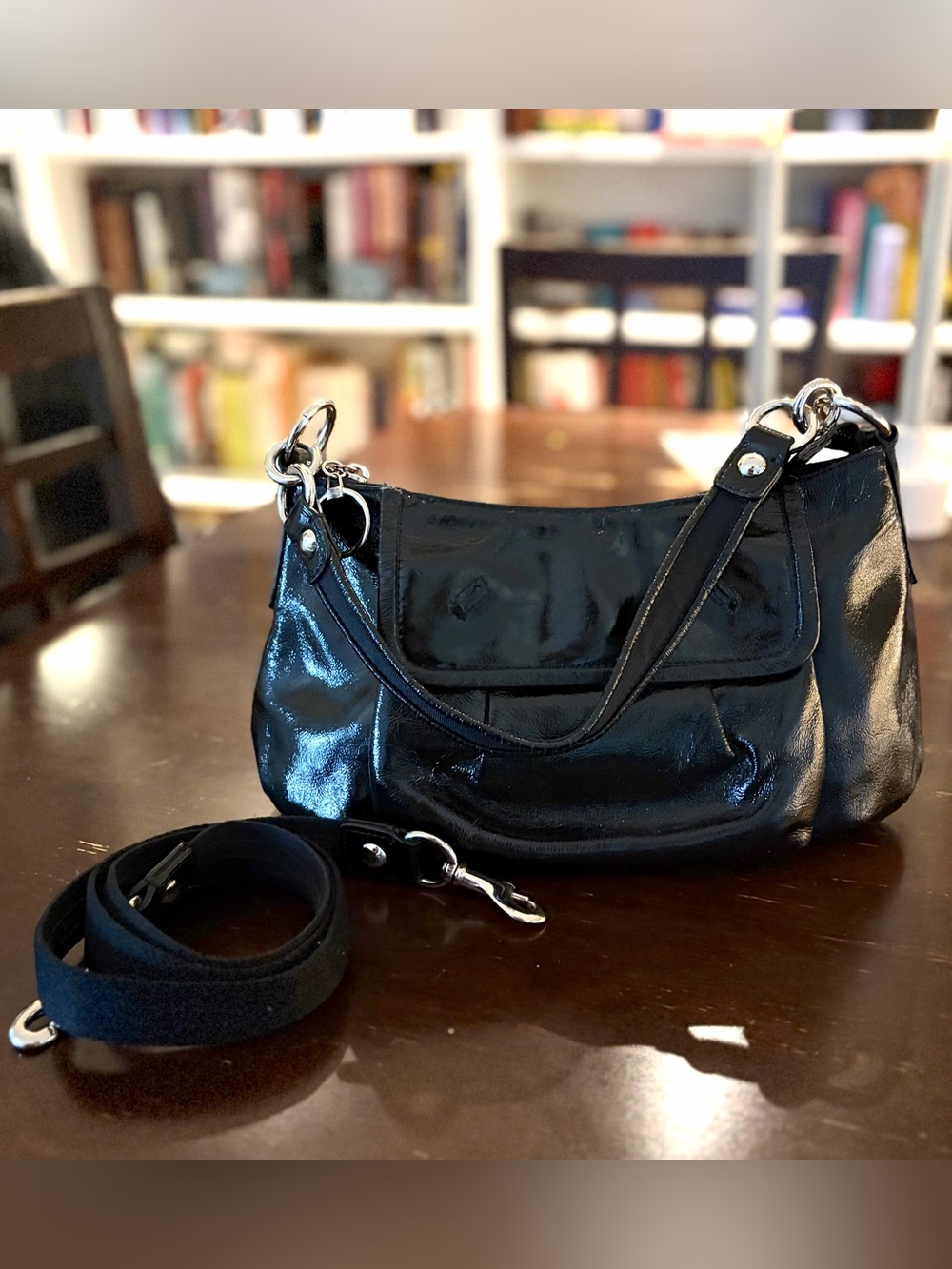Coach Poppy Groovy Black Patent Leather Crossbody Shoulder Bag